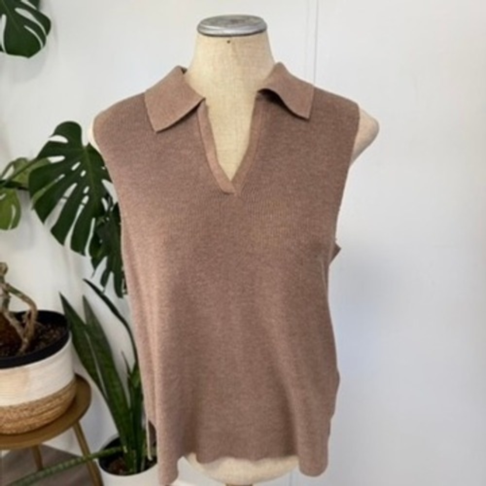 Joie Polo Sweater Vest Womens Medium Brown Sleeveless Ribbed V-Neck Knit Top